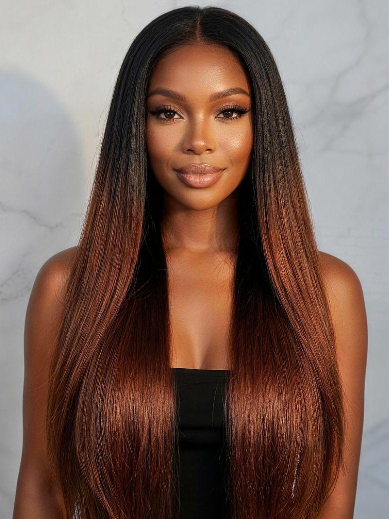 EasiContour? V Part Black to Reddish Brown Ombre Yaki Straight Wig