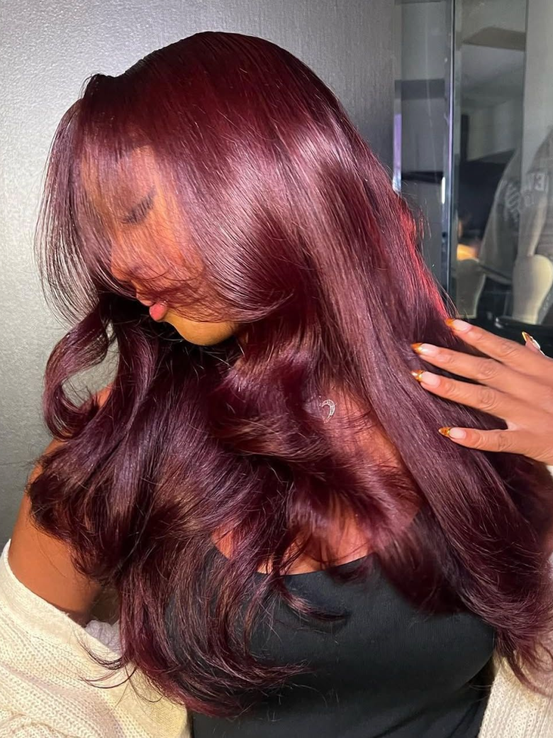 7x5 ByeBye Knots? Lace Bouncy Black Cherry Layered Straight Wig