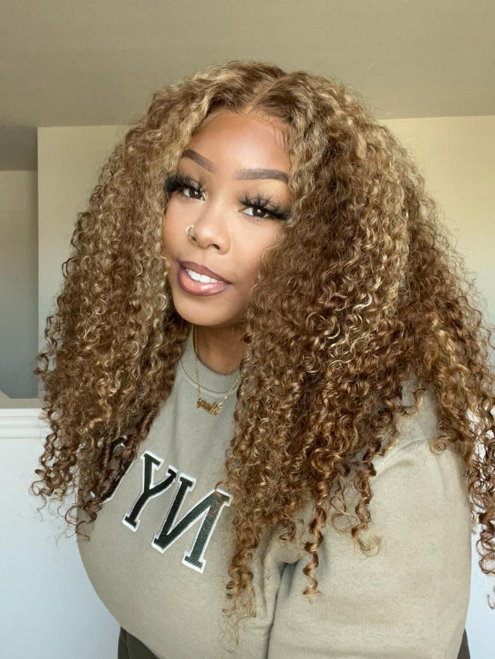 Petaluxe 13x4 Pre-Everything Lace Frontal Honey Blonde Highlights Jerry Curly Wig Real Ear To Ear Super Secure