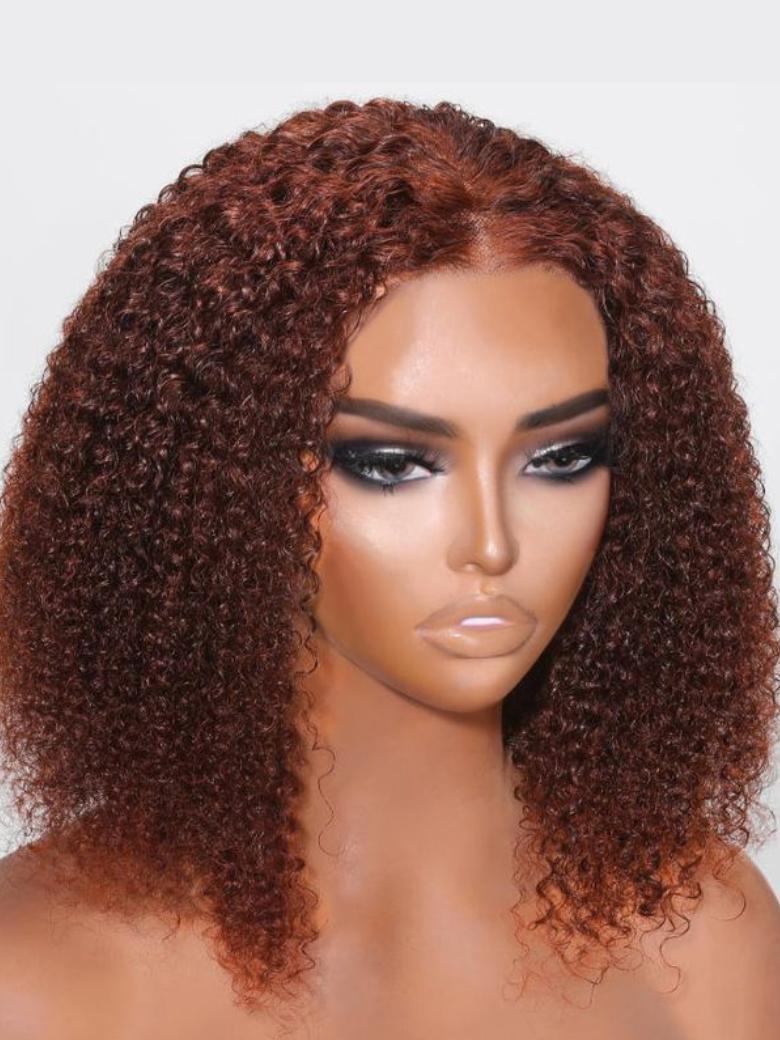 Put On And Go 6x4.5 Pre-Cut Lace Reddish Brown Bouncy Kinky Curly Air Wig