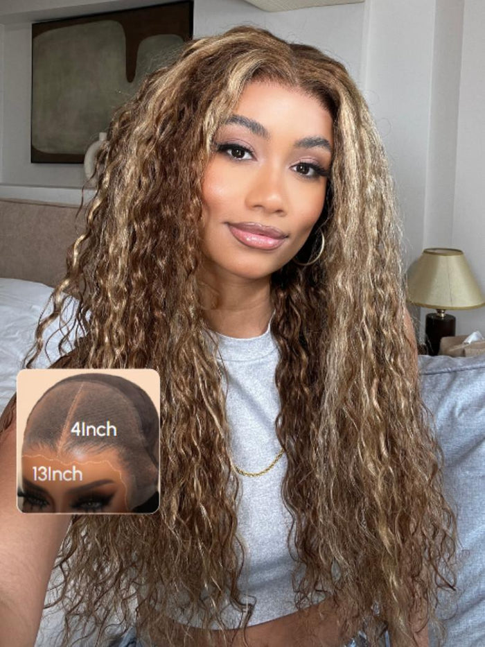 24'' Petaluxe Honey Blonde Highlighted 13x4 Transparent Lace Front Water Wave Wig 180% Density