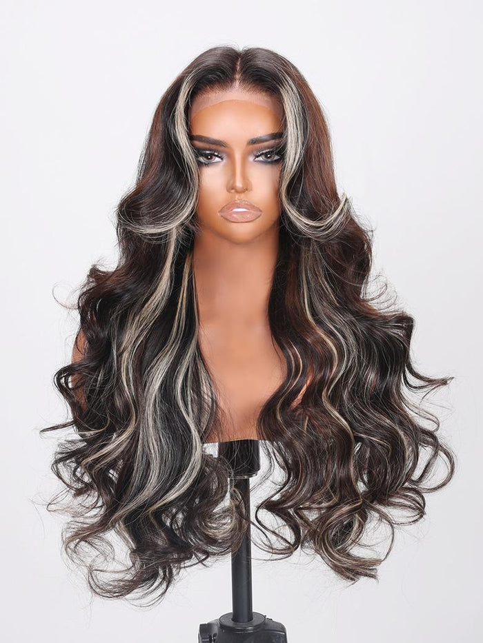 Petaluxe 13x4 Lace Front Black With Brown & Light Blonde Highlights Loose Wave Wig