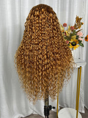 13x4 Lace Front Light Golden Brunette Glossy Water Wave Wig 150% Density