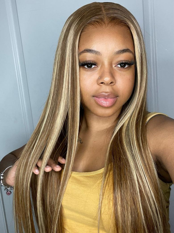 Petaluxe 20inch Glueless 6x4.5 Pre-Cut Lace Honey Brown Straight with Baby Hair Put On And Go Wig