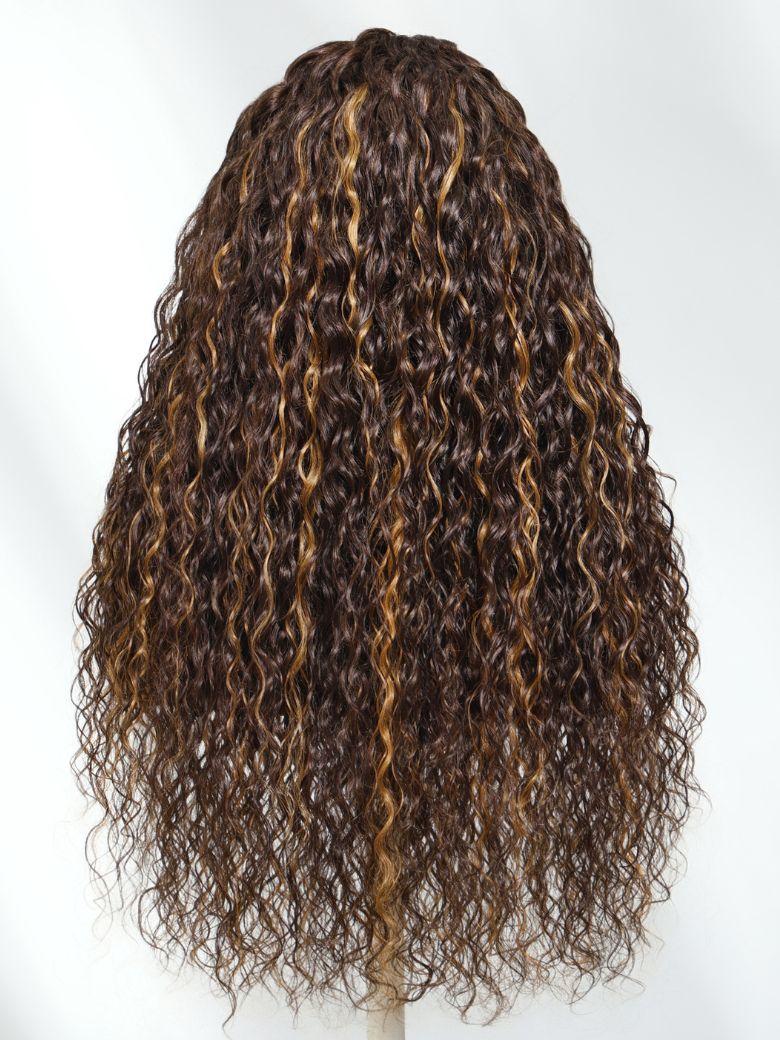 Bye-Bye Knots? 7x5 Lace Dark Toffee Brown with Auburn Highlights Water Wave Wig with Invisi Drawstring