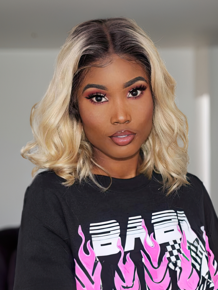 Petaluxe 613 Blonde Loose Wave Bob Wig With Dark Roots 13x4 Lace Front