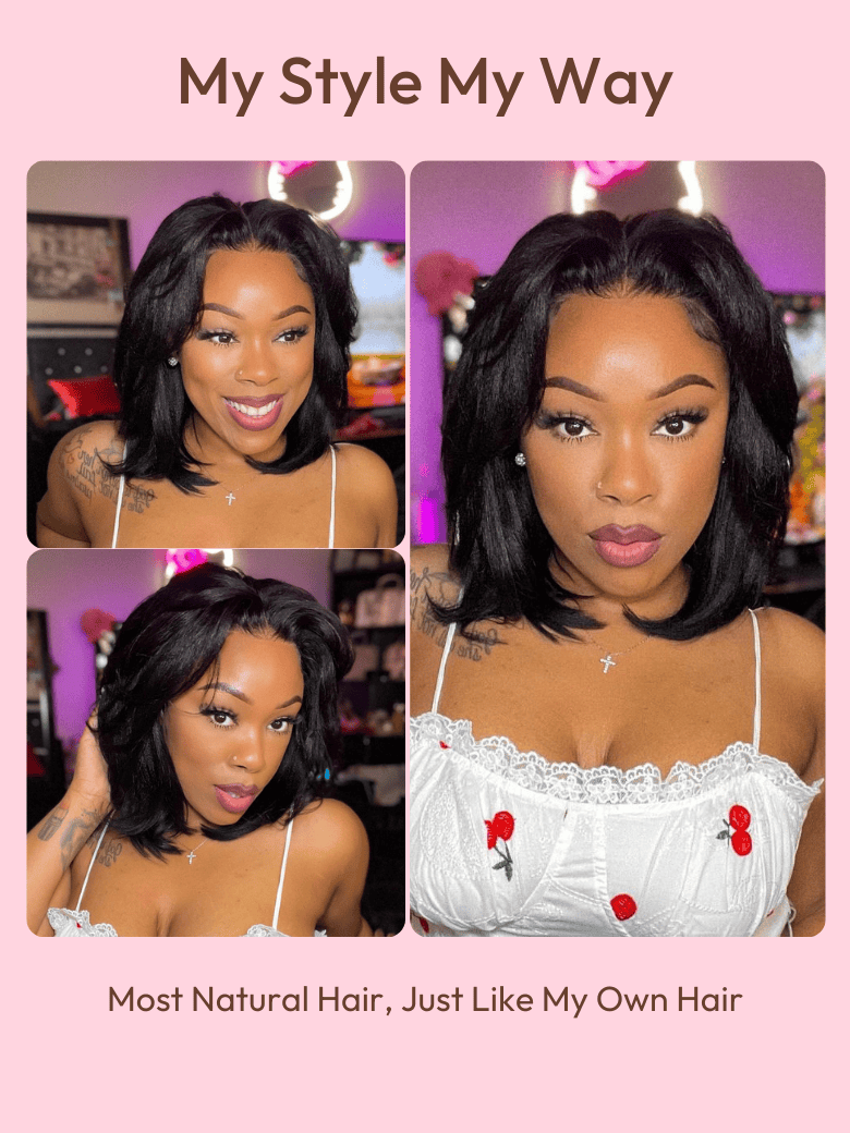 [BOGO FREE] 6x4.5 Pre-Cut Lace Glueless Put On And Go Black Yaki Bob Wig