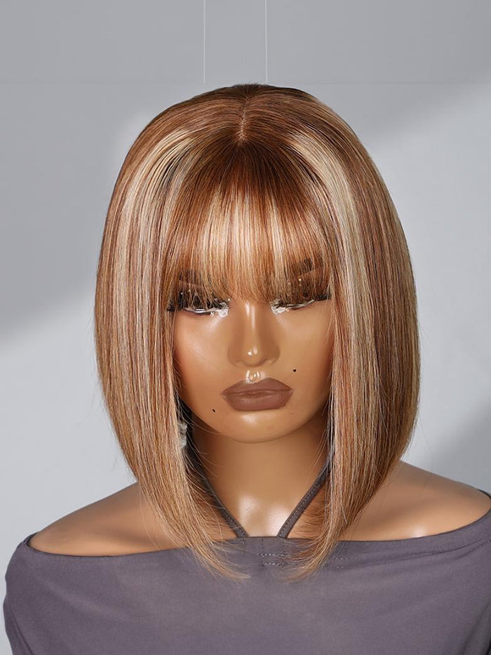 Petaluxe 4x0.75 Lace Part Honey Blonde Highlights Straight Bob Wig With Wispy Bangs