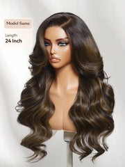 7x5 Bye-Bye Slip? Lace Brown with Caramel Highlights Loose Wave with Face-Framing Layers and Side Swept Bangs