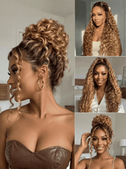 A comparison collage highlighting the versatility of a secure, glueless water wave bronde wig. The image shows a woman with long, voluminous black curls and different hairstyles, messy buns, and a high ponytail.