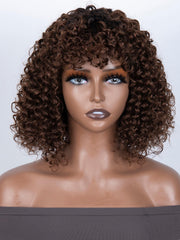 Glueless Dark Brown Curly Ombre Black Root Bob Wig With Bangs Machine Made Wig