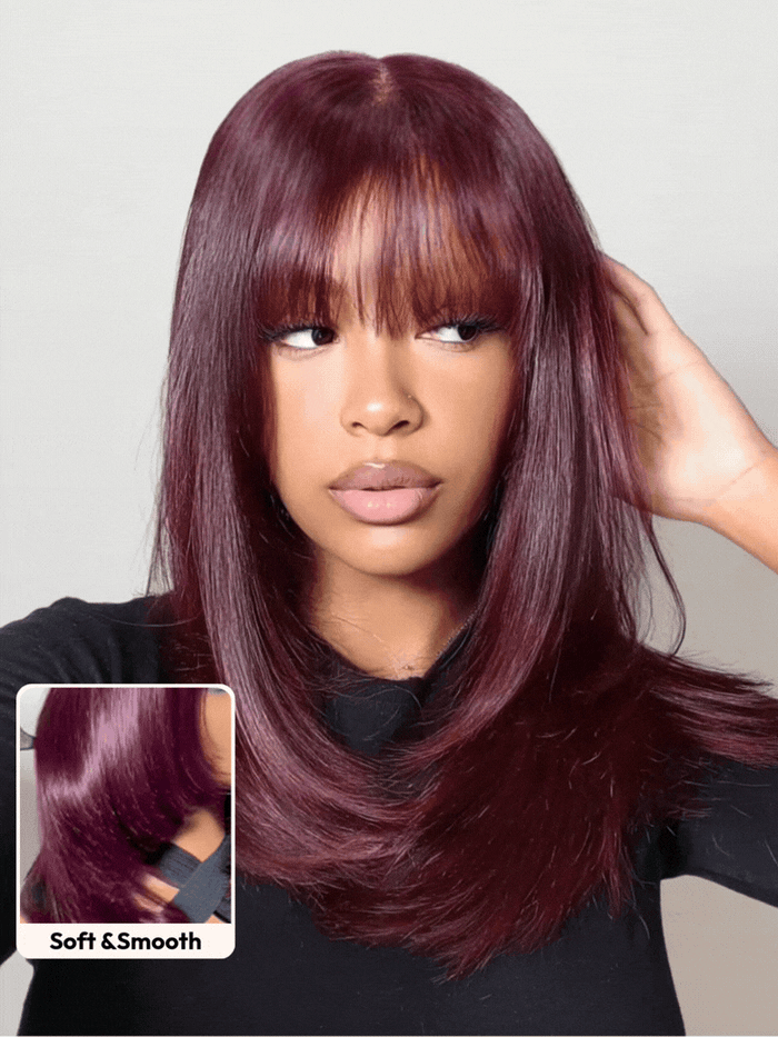 Petaluxe Black Cherry Bye-Bye Knots? 7x5 Lace Glueless Bob Drawstring Layer Straight 100% Human Hair Wig