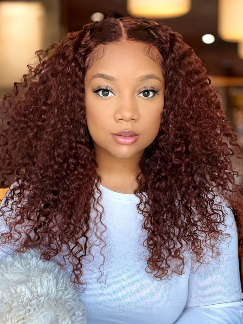 [18in=$69] 13x4 Lace Front Reddish Brown 3C Curly Hair Autumn Warm Color 150% Density
