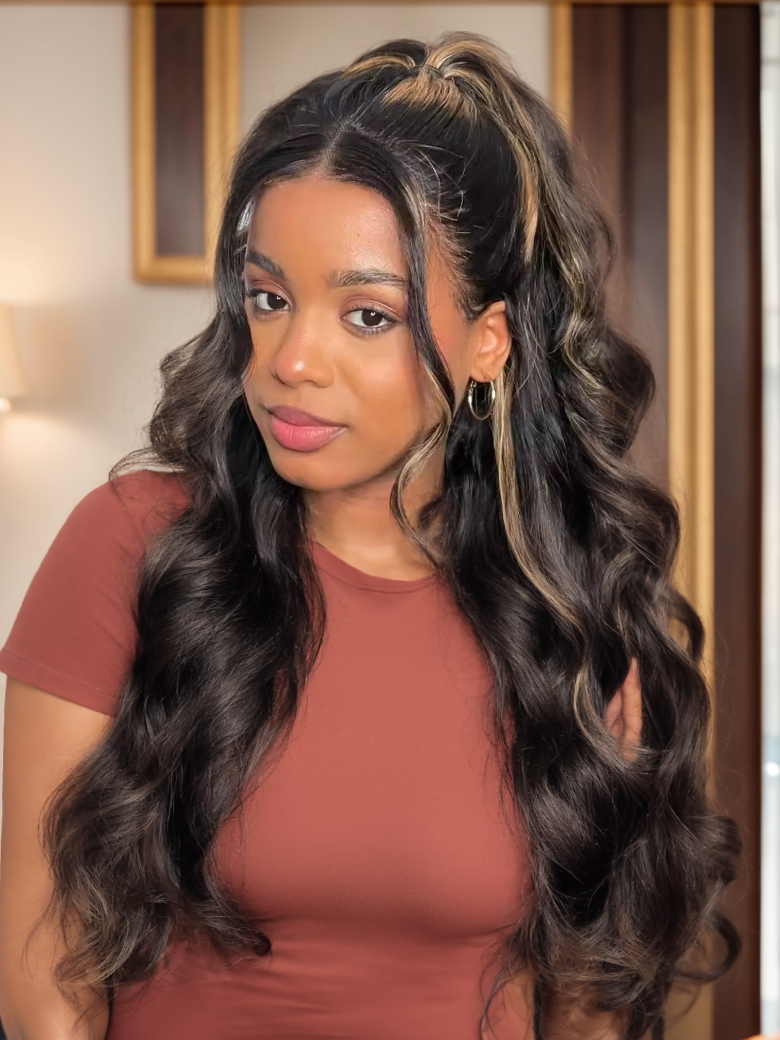 13x4 Transparent Lace Front Peek A Boo Blonde Highlights Body Wave Black Human Wig