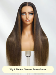 13x4 Pre Everything Glueless Lace Black to Chestnut Brown Ombre Yaki Straight Wig With Invisi Drawstring
