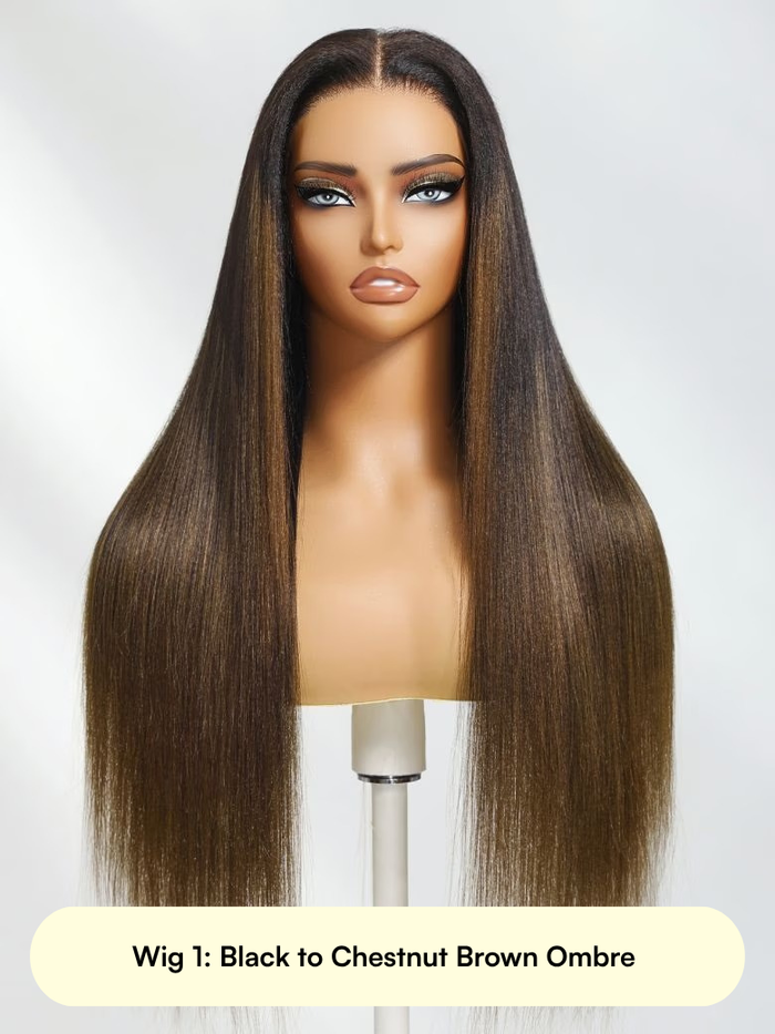 Petaluxe All 24" 13x4 Pre Everything Glueless Lace Yaki Straight Black to Chestnut Brown Ombre Or Balayage Highlights Wig With Invisi Drawstring