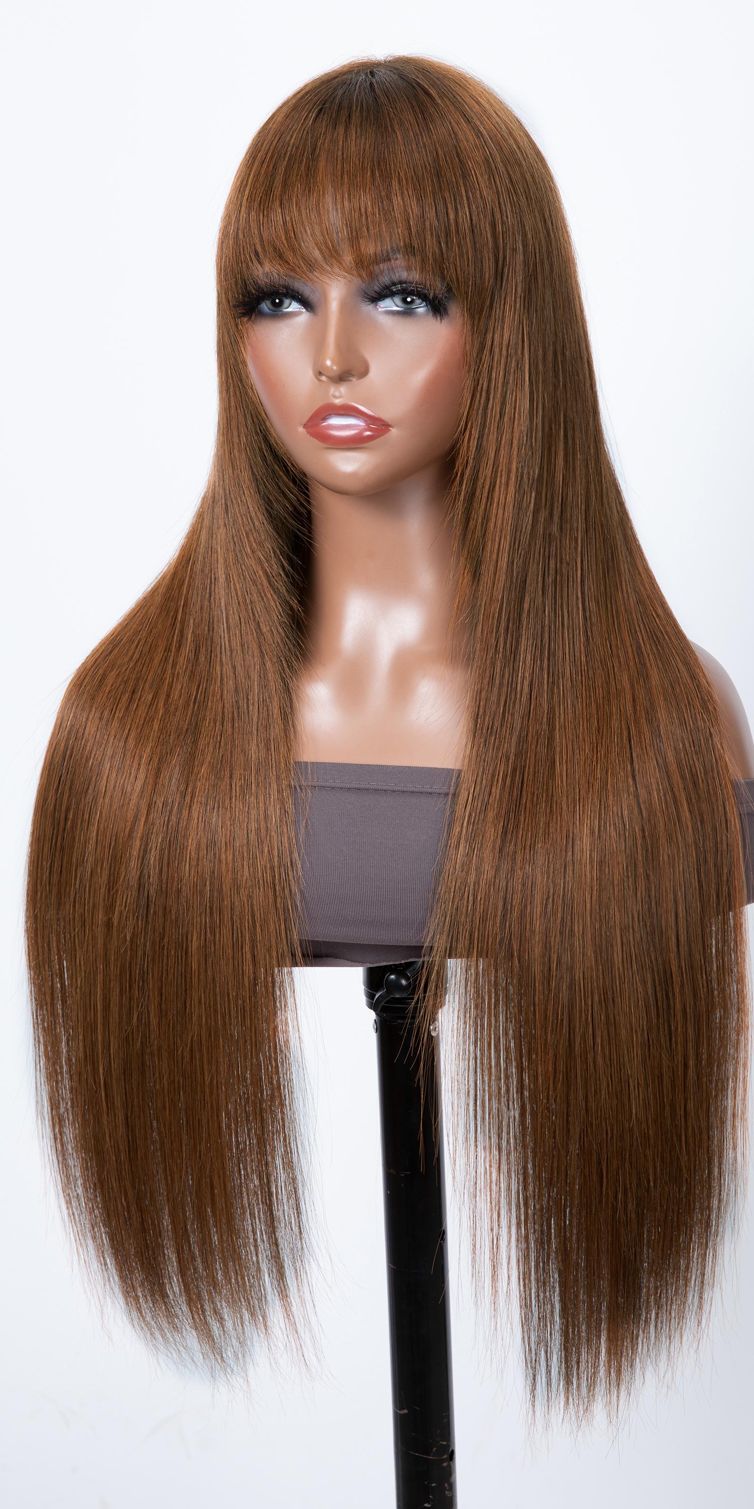 [20in=$85] Glueless Dark Brown Color Hair Layer Cut Human Hair Wigs with Bangs Install in 5 Mins