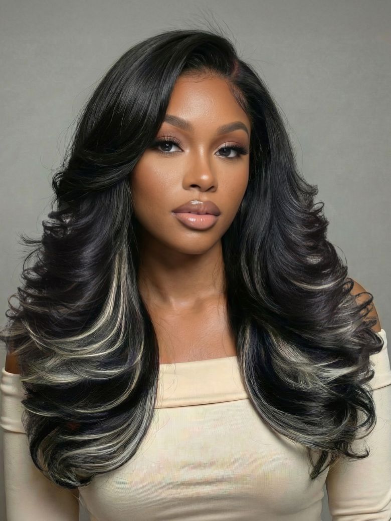 Bye-Bye Slip? 7x5 Lace Black & Ash Highlights on Black Hair Feathered Hairstyles 200% Density Wig with Side Bangs