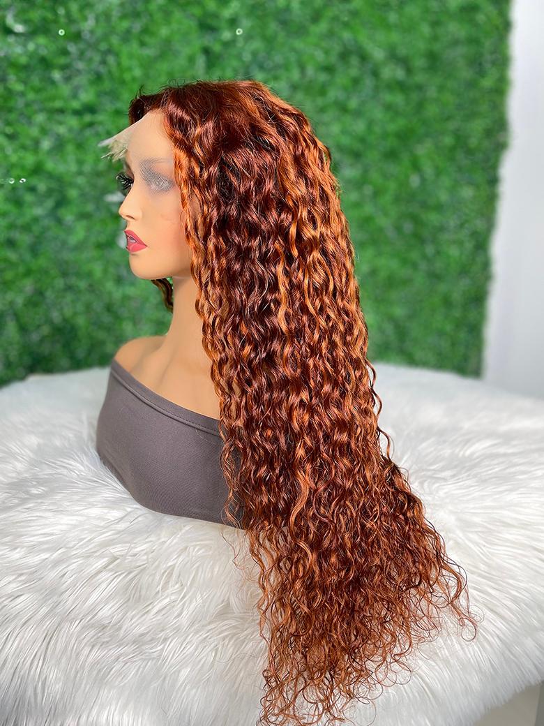 [24"=$149] 13x4 Lace Front Ginger Brown Highlighted Water Wave 150% Density Wig