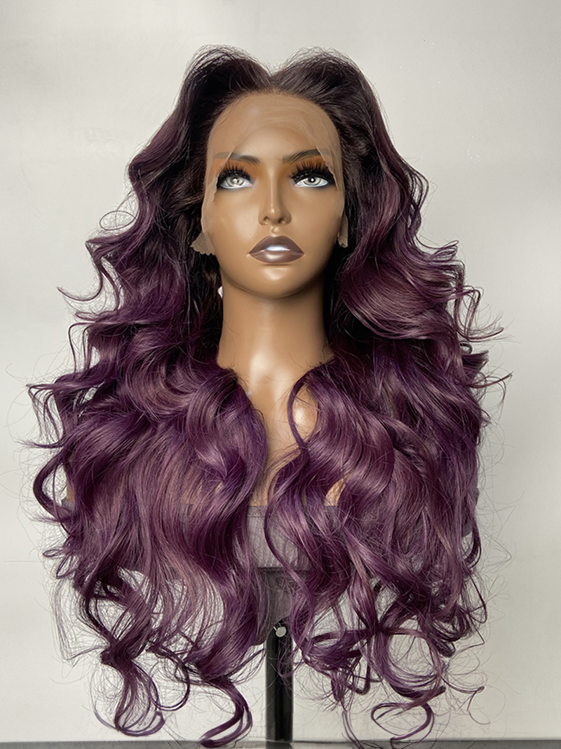[13x4 Lace=$69] 13x4 Lace Ombre Smokey Deep Purple Black Root Frontal Body Wave Wig