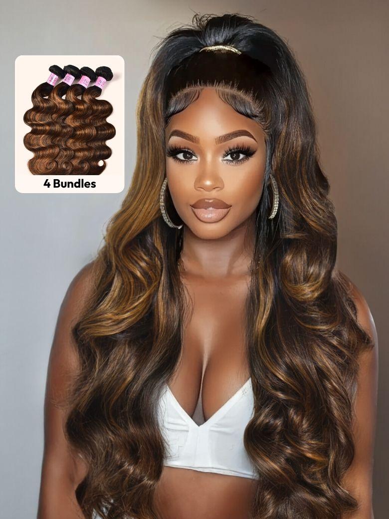 Classic Brown Highlight 4Pcs Human Hair Body Wave Bundles
