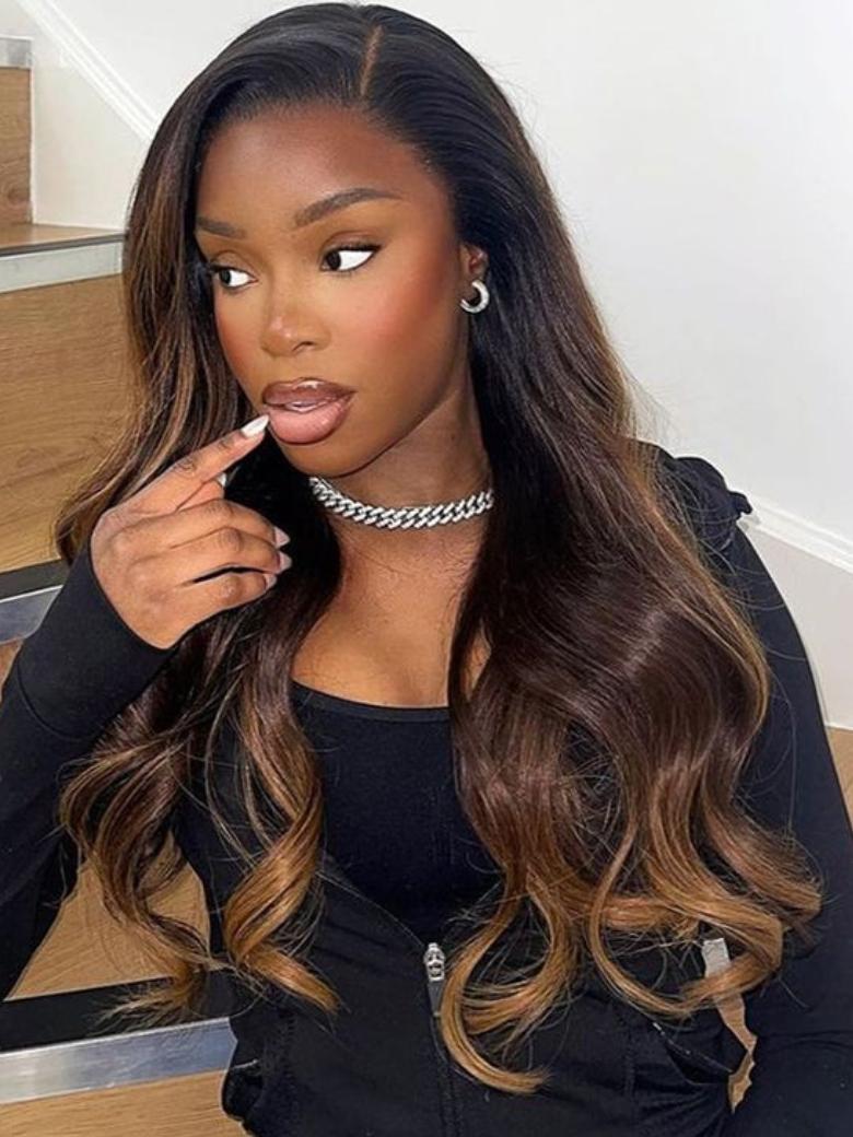 Brown Balayage 4x4 Lace Closure With 3Pcs Body Wave Bundles