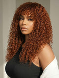 Petaluxe Machine Made Reddish Brown Afro Kinky Curly Human Hair Glueless Wig with Bangs