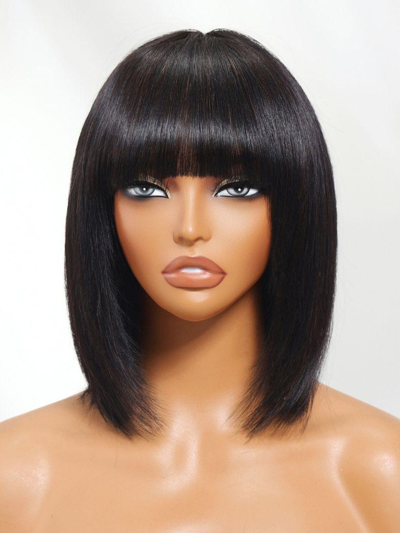 Black Yaki Wig Human Hair Glueless Wig with Blunt Bangs