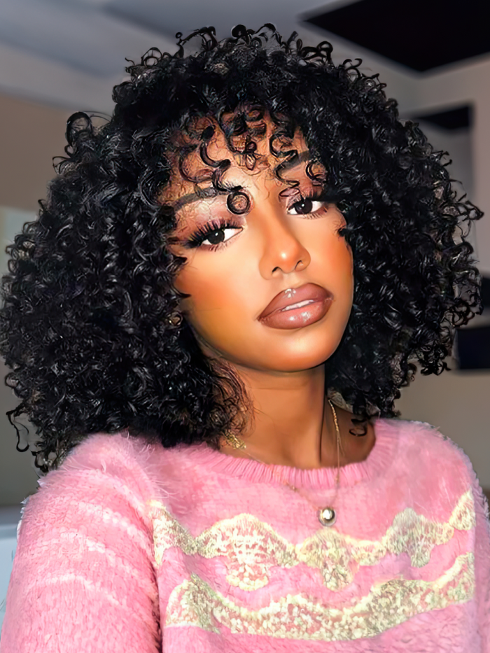 Petaluxe Short Black Afro Curly Wigs with Bangs Human Hair for Women 12 inch