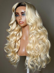 13x4 Bye Bye Slip? Lace Frontal Brown with Caramel Highlights Glueless Curly Wig with Dark Roots