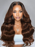 Petaluxe 13x4 Pre-Everything Lace Frontal Coffee Brown Loose Wave Glueless Drawstring Wig with Layered Curtain Bangs