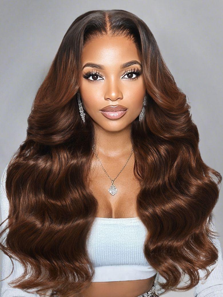13x4 Pre-Everything? Lace Frontal Coffee Brown Loose Wave Glueless Drawstring Wig with Layered Curtain Bangs