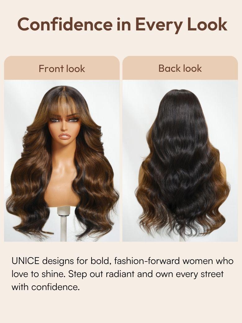 Bye-Bye Knots 13x4 Black with Brown Money Piece Natural Fluffy Loose Wave Curtain Bangs Wig