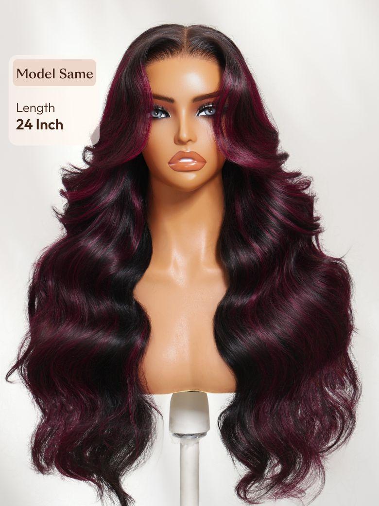 13x4 Pre-Everything? Lace Frontal Black With Burgundy Highlights Loose Wave Wig with Face Framing Layers