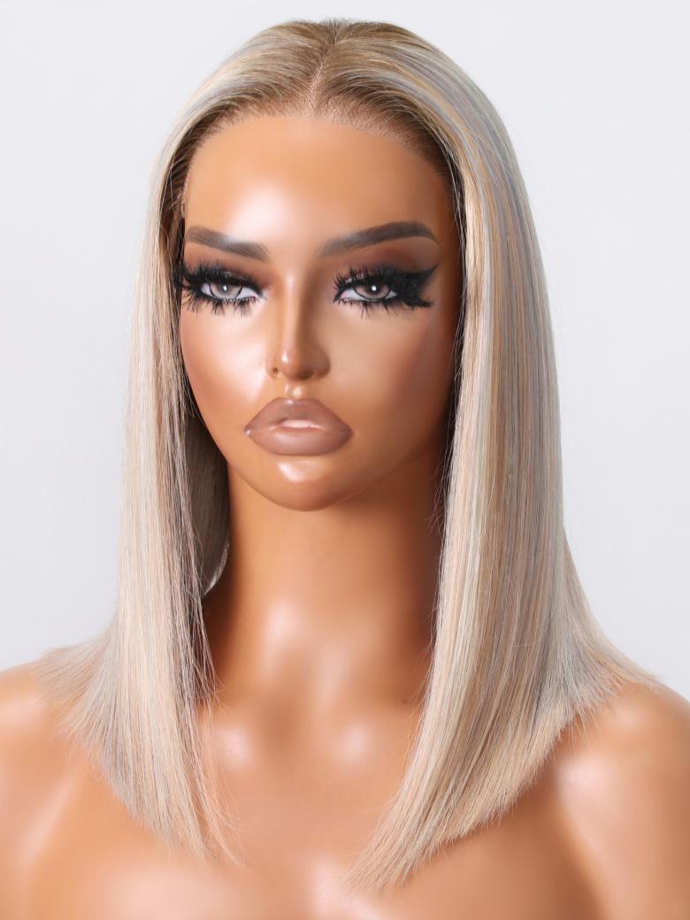 Put On And Go Wig 6x4.5 Glueless Lace Glossy Blonde With Silver Highlight Bob Wig