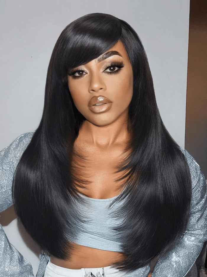 [180% Density] Petaluxe 7x5 Bye-Bye Knots Lace Layered Straight Wig With Side Bangs