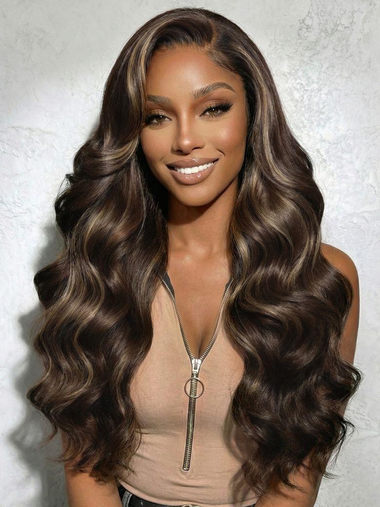 13x4 Pre-Everything? Lace Frontal Golden Blond Loose Body Wave Face Framing Layers Drawstring Wig