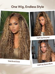 13x4 Pre-Everything? Lace Frontal Caramel Brown With Honey Blonde Highlights Water Wave Glueless Drawstring Wig