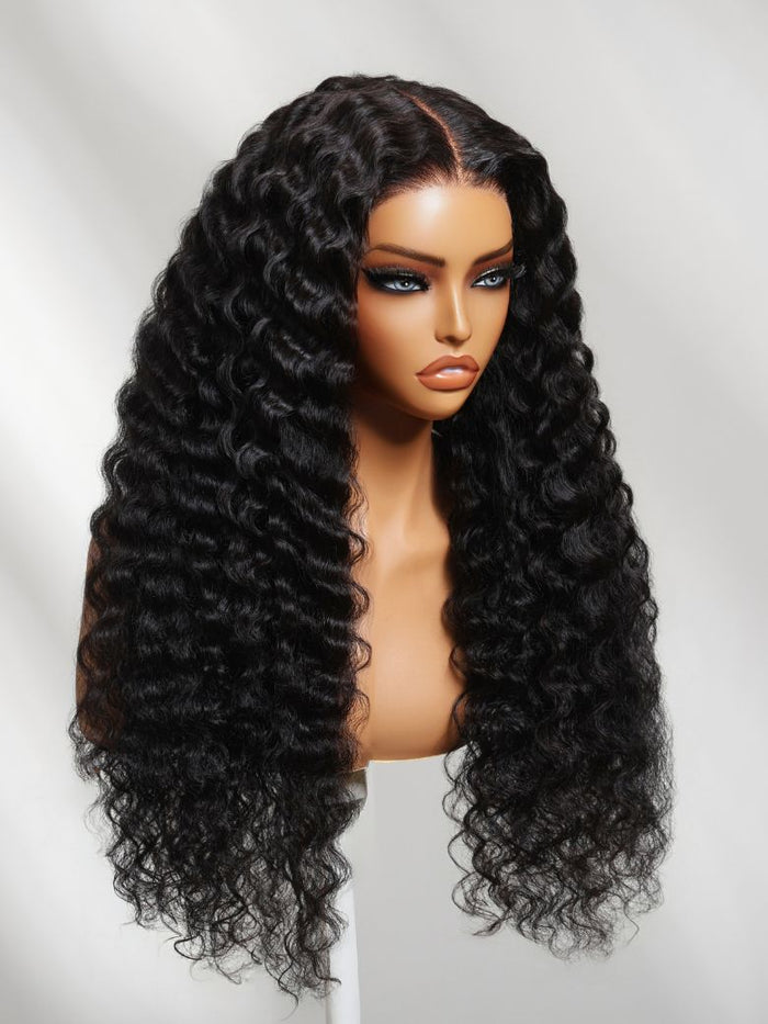 Petaluxe 13x4 Pre-Everything? Lace Frontal Black Crimped Deep Wave Wig with Invisi Drawstring