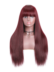 18 Inch Burgundy Silk Straight Human Hair Wigs with Bangs Glueless Machine Made Wigs for Women Real Hair Wig