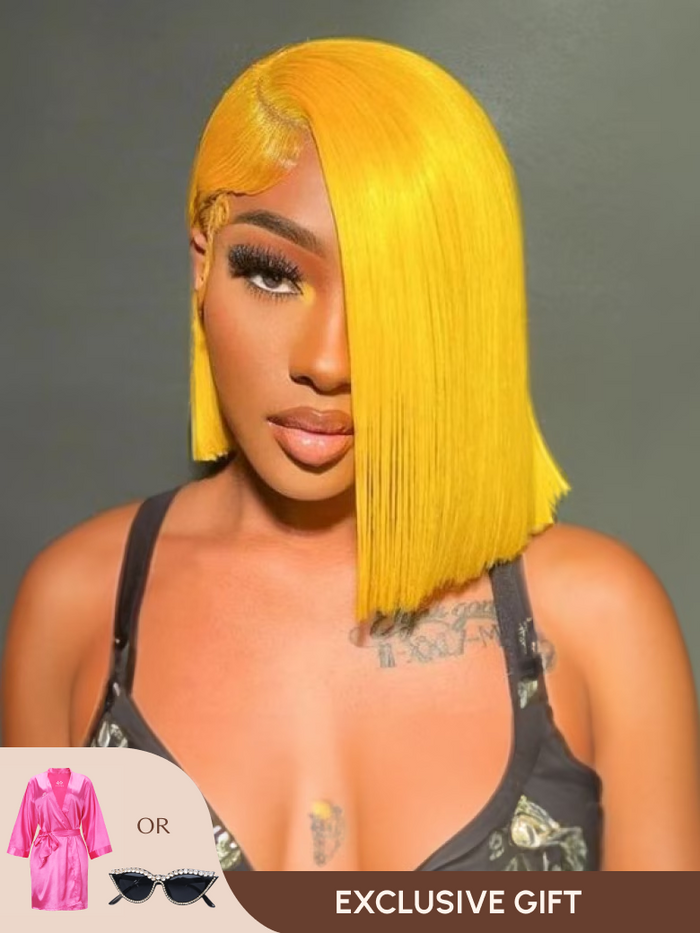 Petaluxe Lemon Yellow Bob Shoulder Length Wig 13x4 Lace Front
