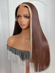 Brunette with Blonde Highlight Streaks 13x4 Lace Front Bone Straight Wig