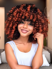 Glueless Trendy Color Dark Copper Ombre Ringlet Curly Bob Wig For Summer