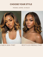 13x4 Pre-Everything? Lace Frontal Brown With Honey Blonde Face-Framing Highlights Wavy Bob Drawstring Wig
