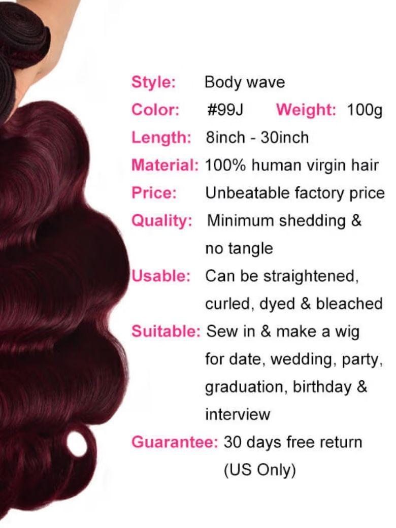 Pure Color Virgin Hair Body Wave 3 Bundles Burgundy Hair Weave Bundles #99j Colored Hair Icenu Series