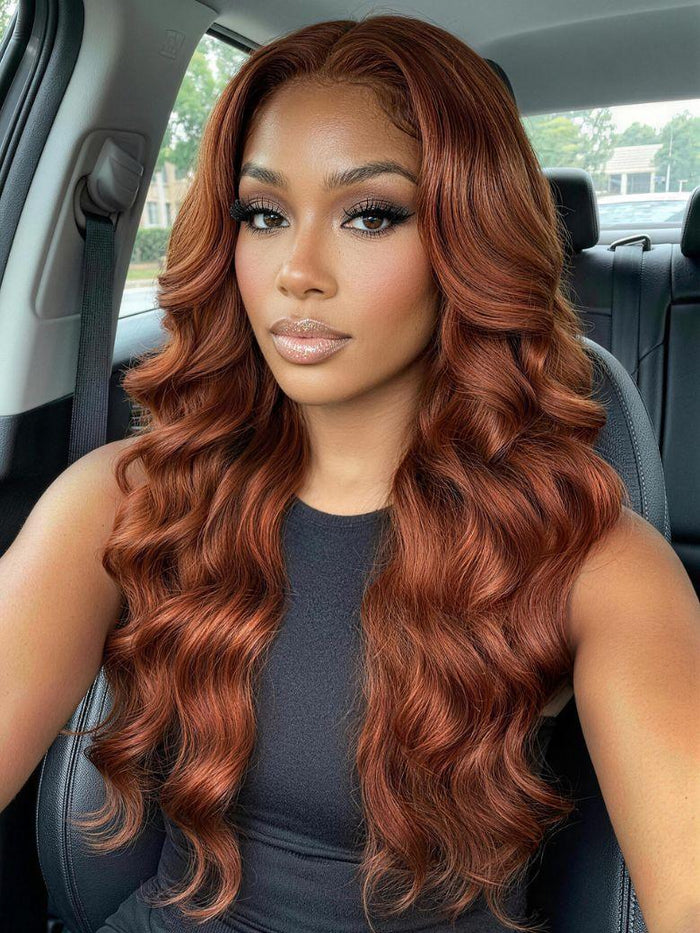 Petaluxe 7x5 Bye Bye Slip? Lace Auburn Copper Brown Body Wave Drawstring Wig Beginner Friendly
