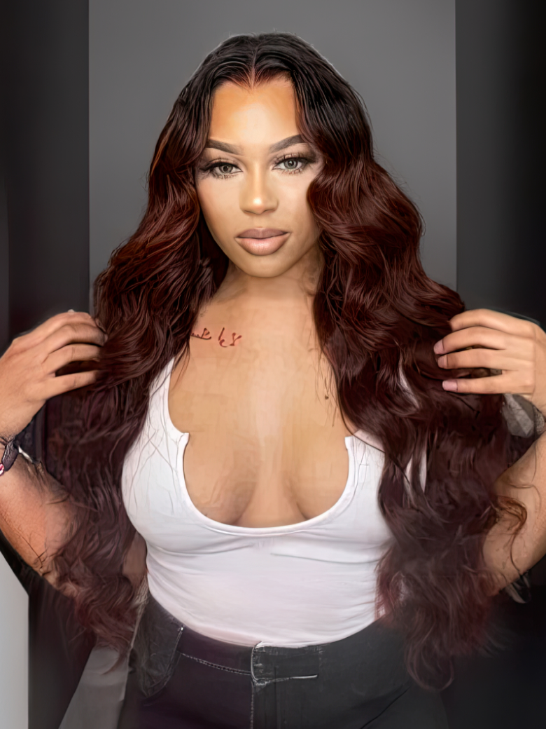 Glueless Dark Red Auburn Body Wave U Part Wig With Black Roots