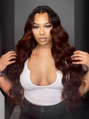 Glueless Dark Red Auburn Body Wave U Part Wig With Black Roots