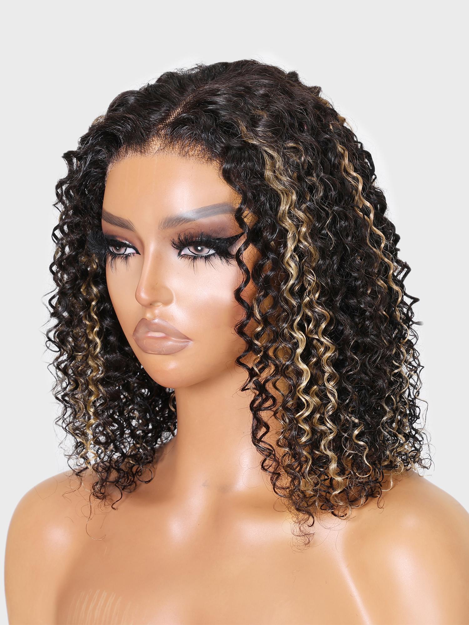 Put On And Go 6x4.5 Pre-Cut Lace Black With Blonde Highlights Bouncy Jerry Curly Air Wig