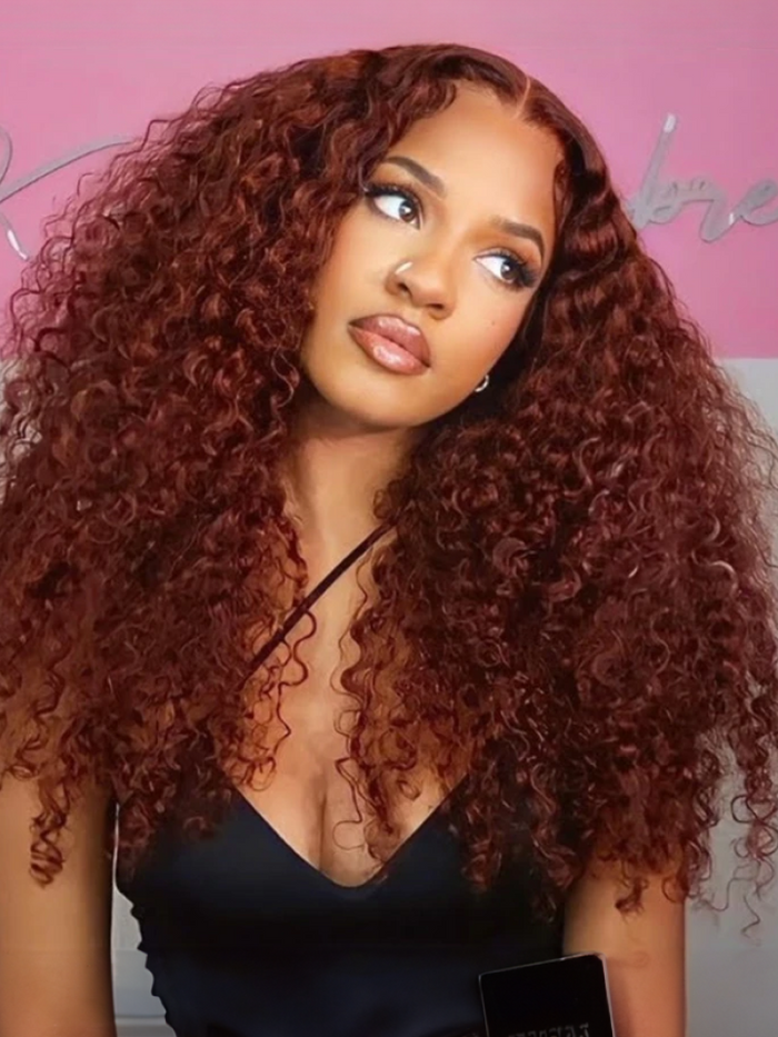 Petaluxe [From 20"] Pre-Cut 4x4 Lace Wig Reddish Brown Curly Wig 150% Density Glueless Wig